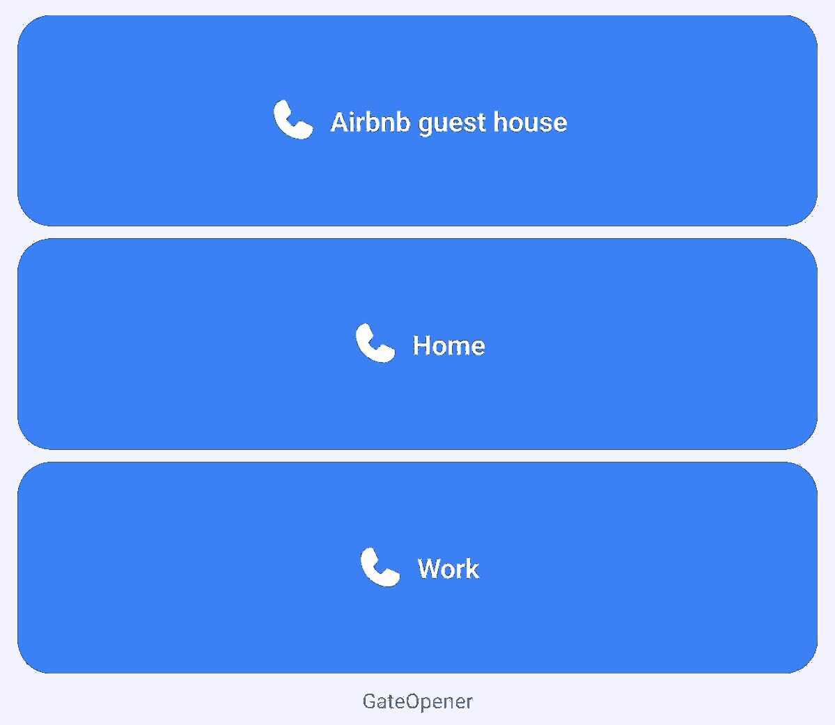 Widget GateOpener na domovské obrazovce se třemi tlačítky bran: Airbnb penzion, Domov a Práce