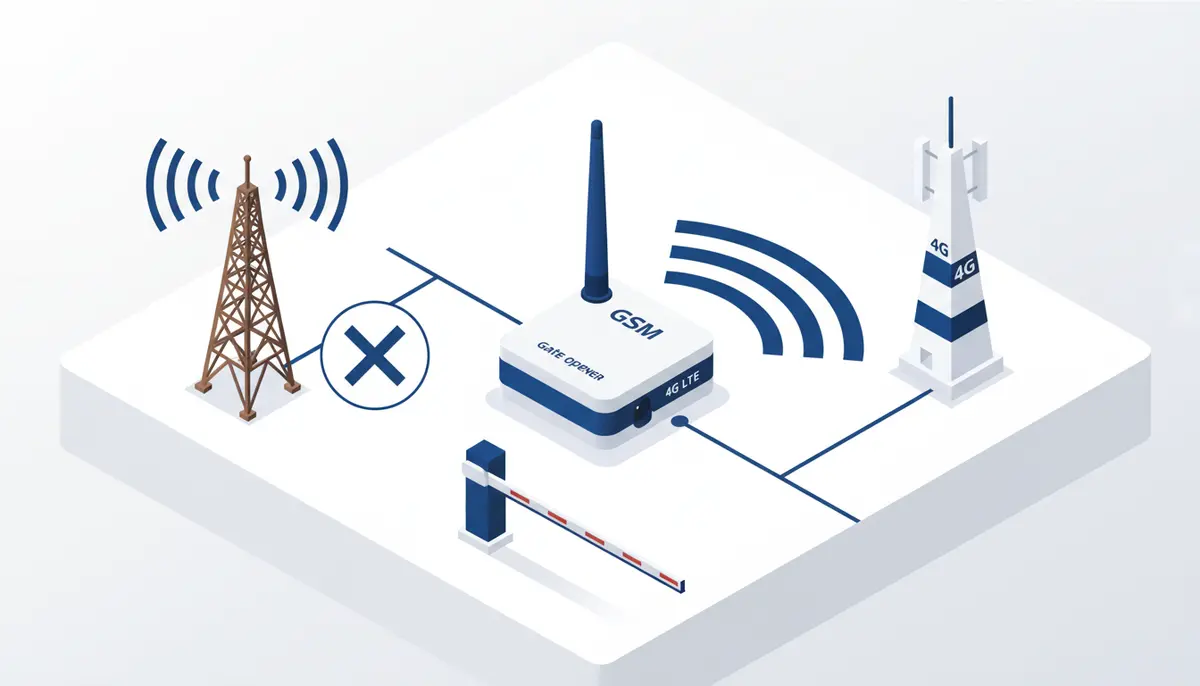 GSM gate opener module transitioning from 2G tower to 4G LTE tower with gate barrier
