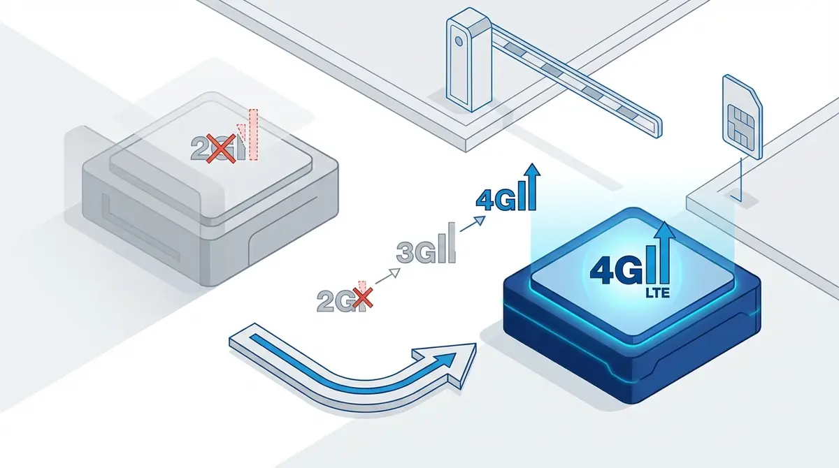 GSM gate opener module being upgraded from 2G to 4G with network signal indicators showing the transition