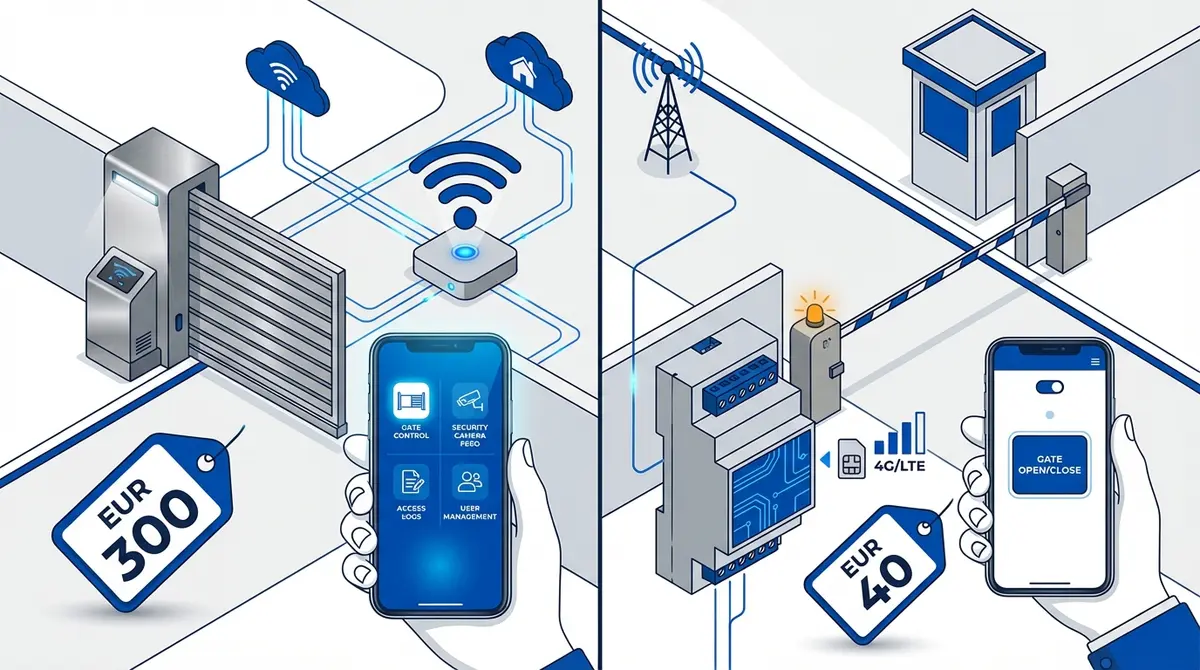 Comparison of gate opener systems: affordable GSM module with app versus expensive branded smart gate hardware