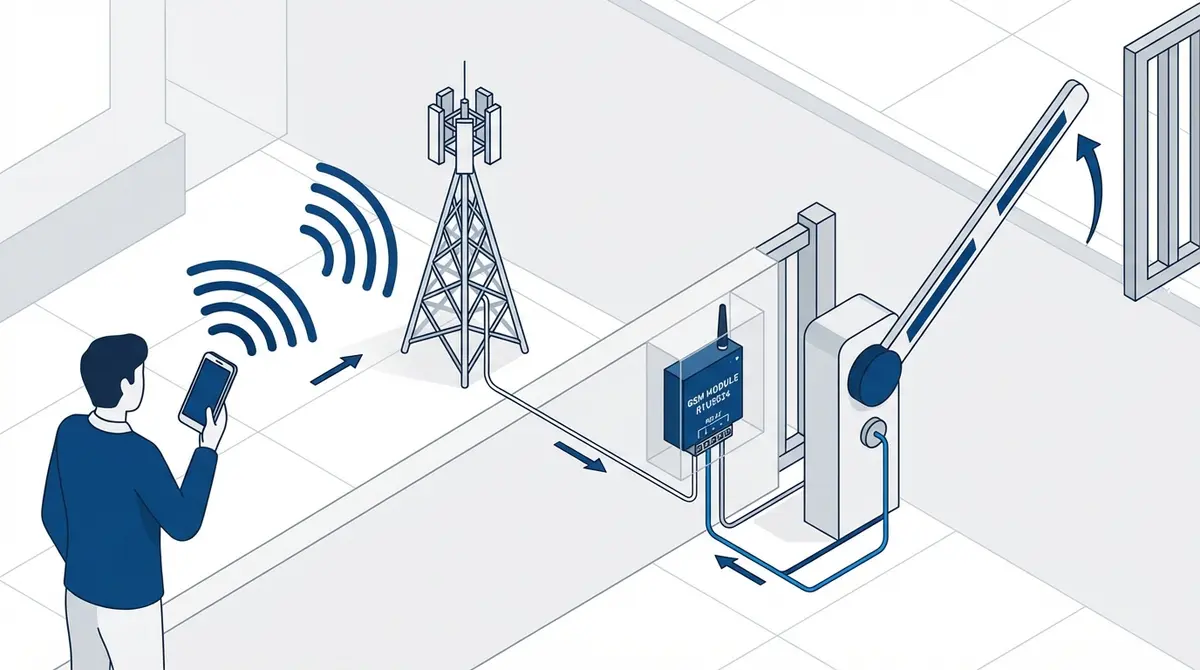 Signal flow diagram showing a phone call traveling through a cell tower to a GSM module that opens a gate