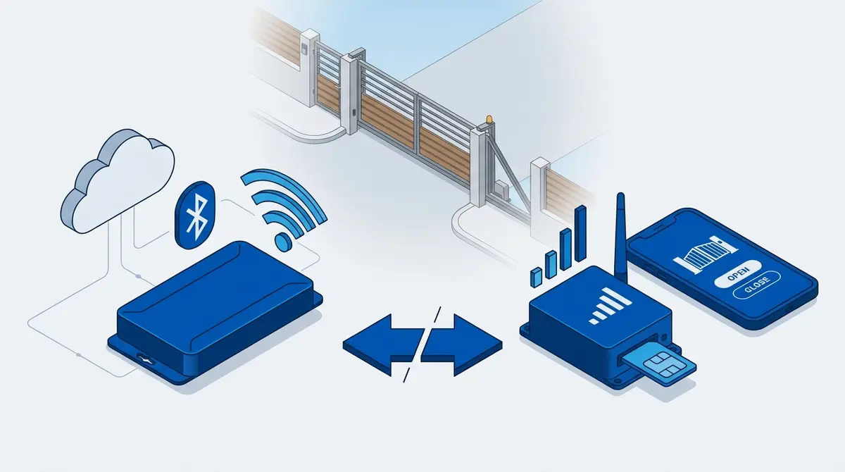 Side-by-side comparison of Remootio smart gate controller and a GSM gate opener module with GateOpener app