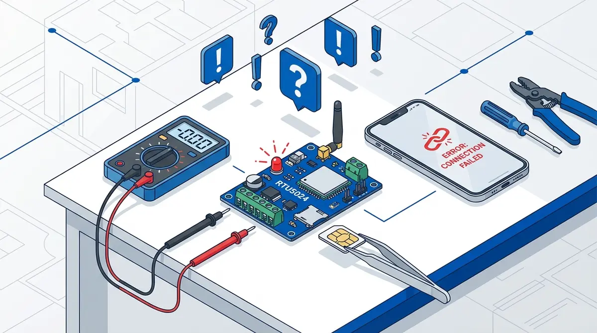 RTU5024 module on a workbench being diagnosed with a multimeter, SIM card, and error indicators